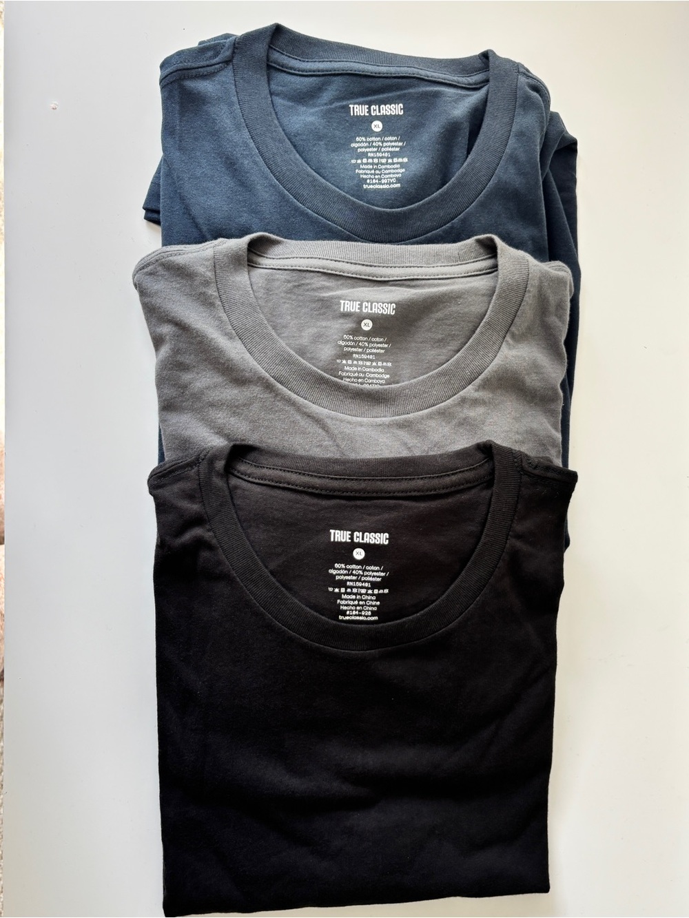 Men’s True Classic Crew Neck T-Shirts in Black, Gray, Navy (3-Pack) - XL